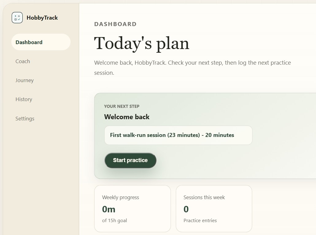 HobbyTrack Dashboard showing a personalized next practice recommendation.